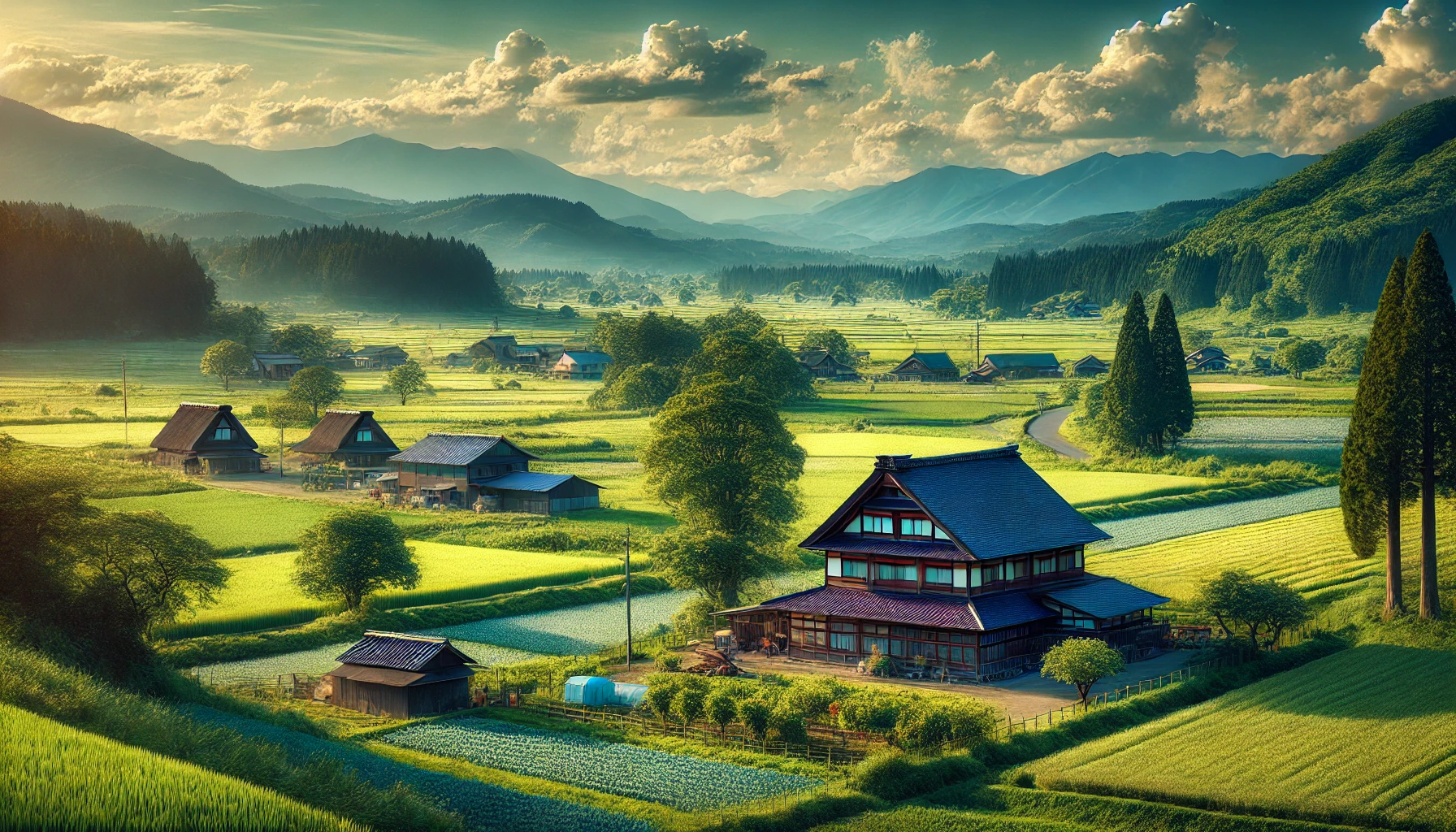 日本の田舎の大きな伝統的な農家住宅と周囲の自然風景